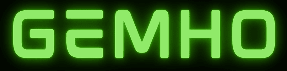 Glowing green wordmark of the company name Gemho