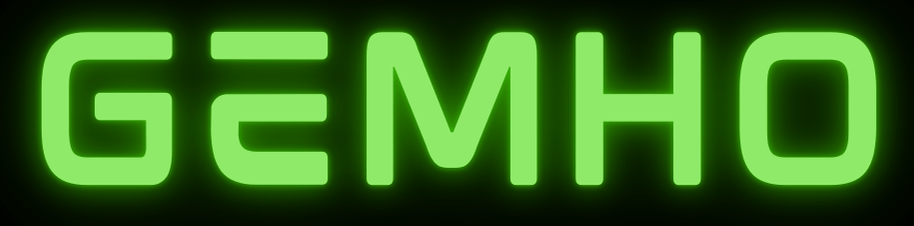 Glowing green wordmark of the company name, Gemho